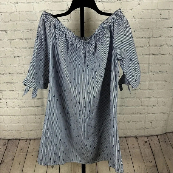 Tacera Blue and White Pinstripe Anchor Print Off Shoulder Dress Size Large - Picture 1 of 6